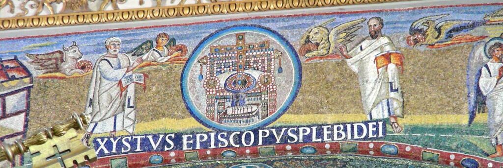 Mosaic of Ss. Peter and Paul with the inscription "Xystus Episcopus Plebi Dei" and symbols of the Evangelists in the arch of St. Mary Major, Rome