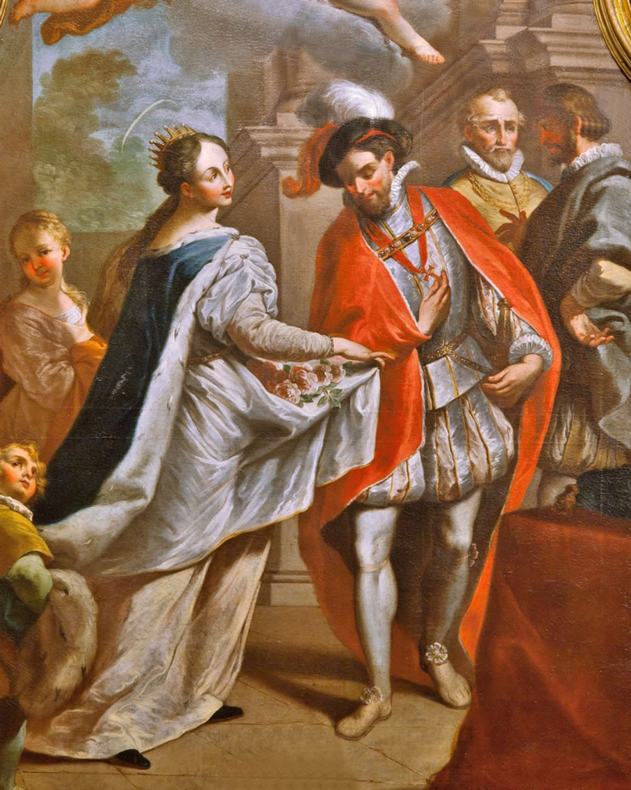 Painting of St Elizabeth of Portugal revealing roses in her skirt to King Denis in the Miracle of the Roses, symbolizing her secret acts of charity.